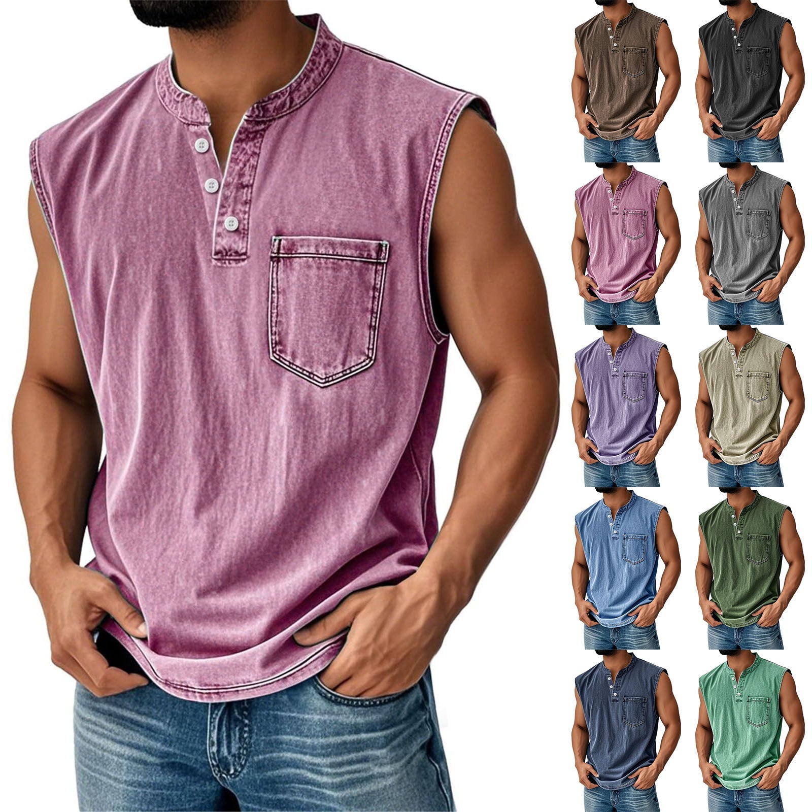 Men Stand Collar Henley Sleeveless Tank Top