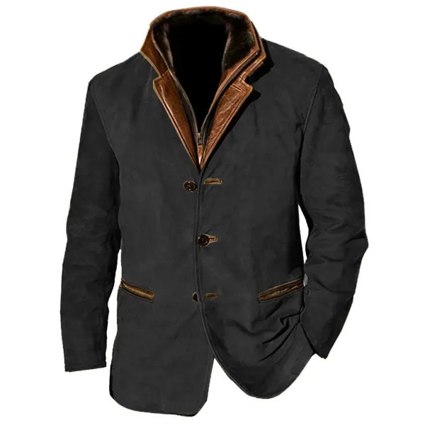 Men's Western Jackets Fleece Vintage Suede Leather Jacket 1/4 Zipper Button Winter Coat Casual Retro Outerwear