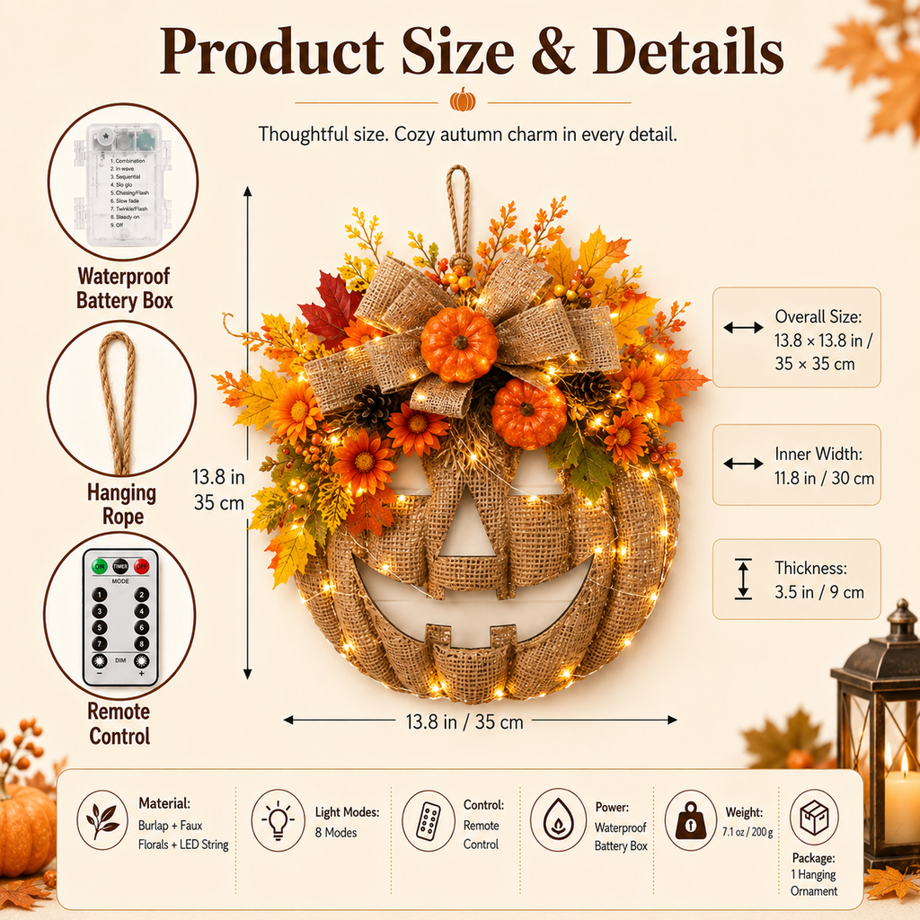 Lighted Burlap Pumpkin Wreath with Remote Control 🎃✨ Cozy Fall Door Decor with 8 Light Modes & Warm LED Glow