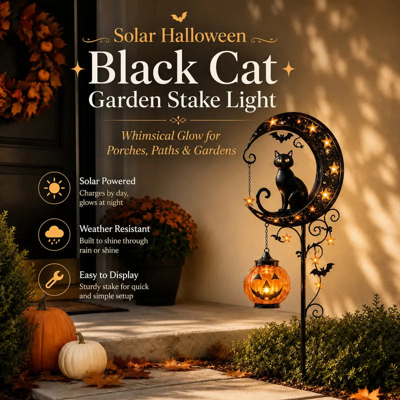 🎃 Solar Black Cat & Pumpkin Moon Garden Stake Light 🐈‍⬛– Magical Halloween Yard Décor