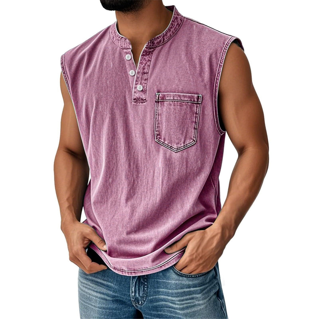 Men Stand Collar Henley Sleeveless Tank Top