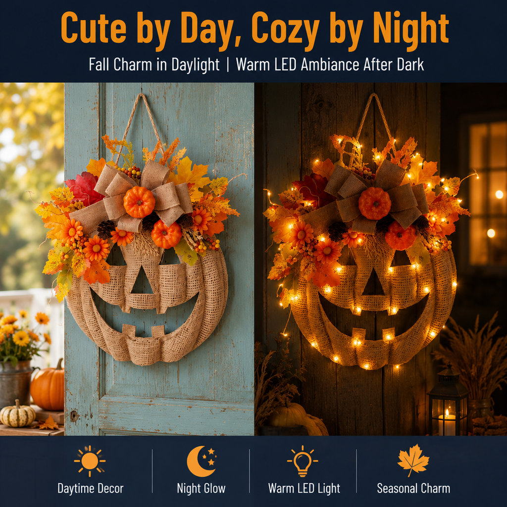 Lighted Burlap Pumpkin Wreath with Remote Control 🎃✨ Cozy Fall Door Decor with 8 Light Modes & Warm LED Glow