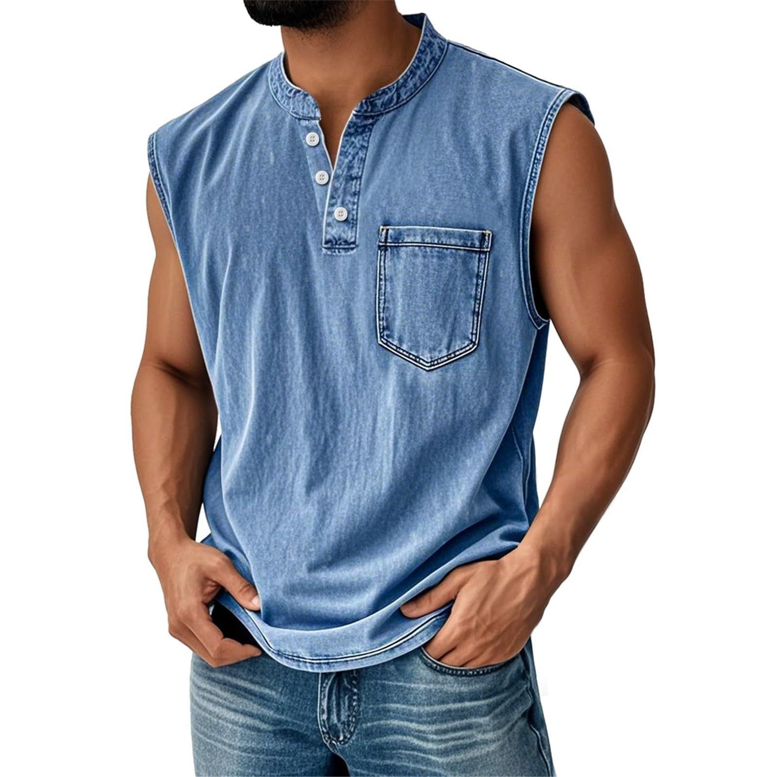Men Stand Collar Henley Sleeveless Tank Top