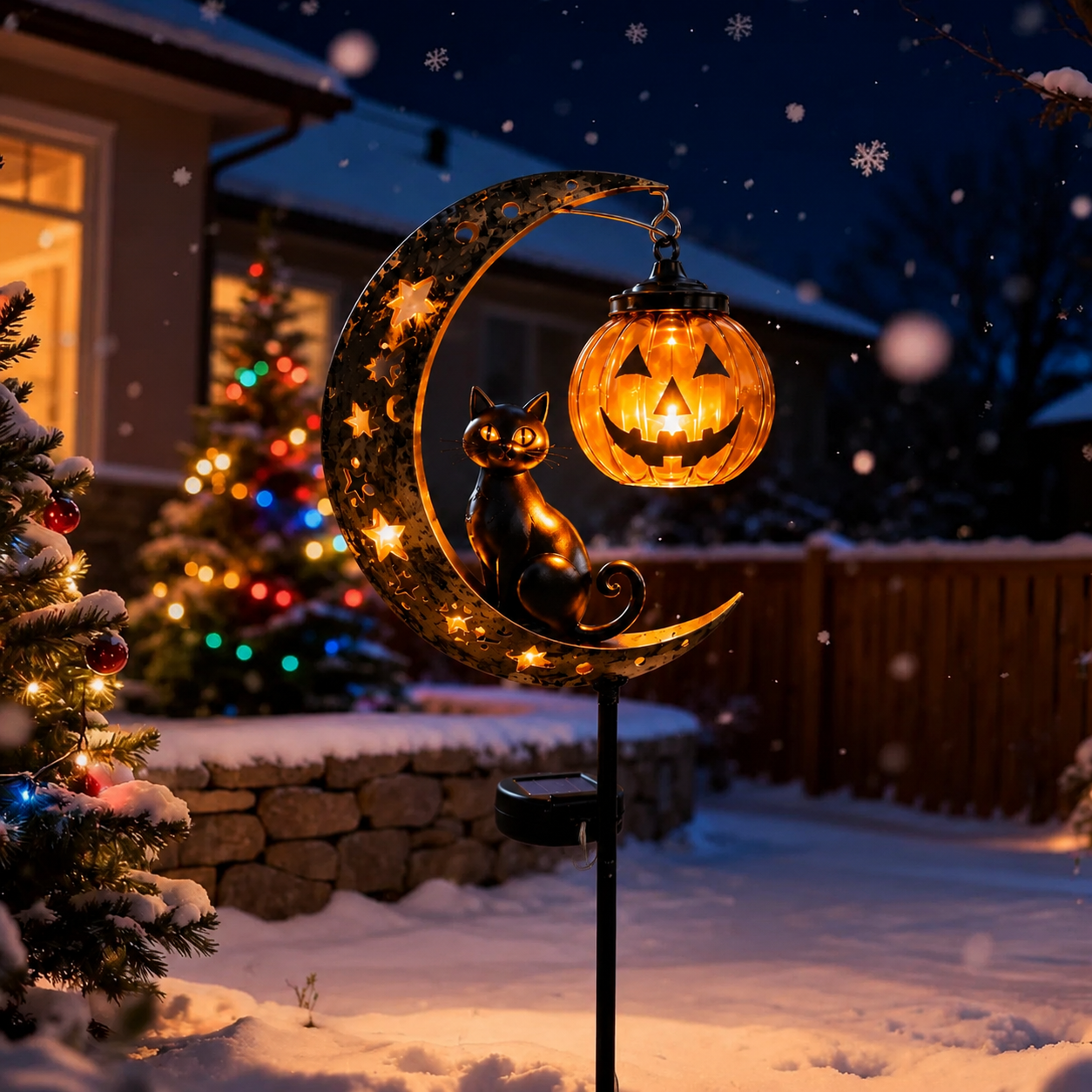 🎃 Solar Black Cat & Pumpkin Moon Garden Stake Light 🐈‍⬛– Magical Halloween Yard Décor