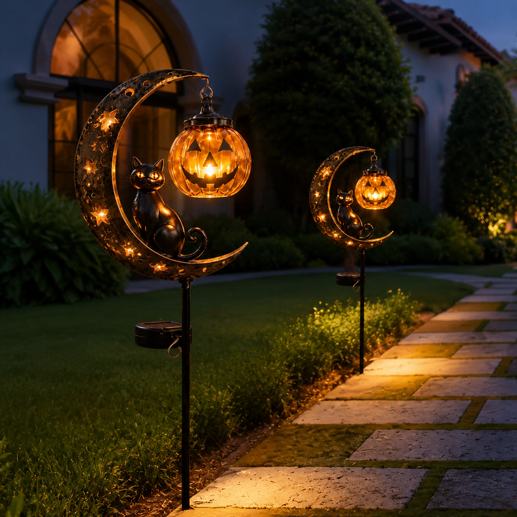 🎃 Solar Black Cat & Pumpkin Moon Garden Stake Light 🐈‍⬛– Magical Halloween Yard Décor