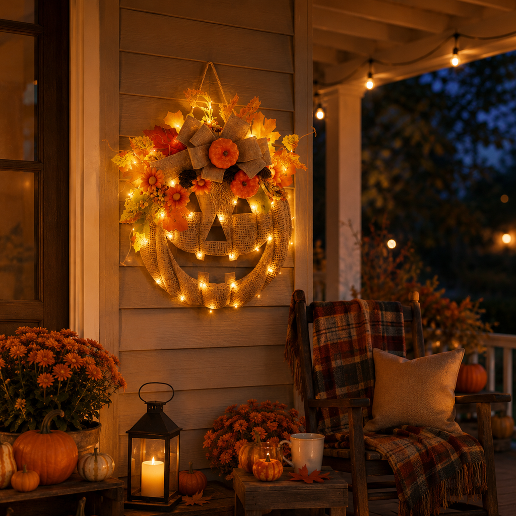 Lighted Burlap Pumpkin Wreath with Remote Control 🎃✨ Cozy Fall Door Decor with 8 Light Modes & Warm LED Glow