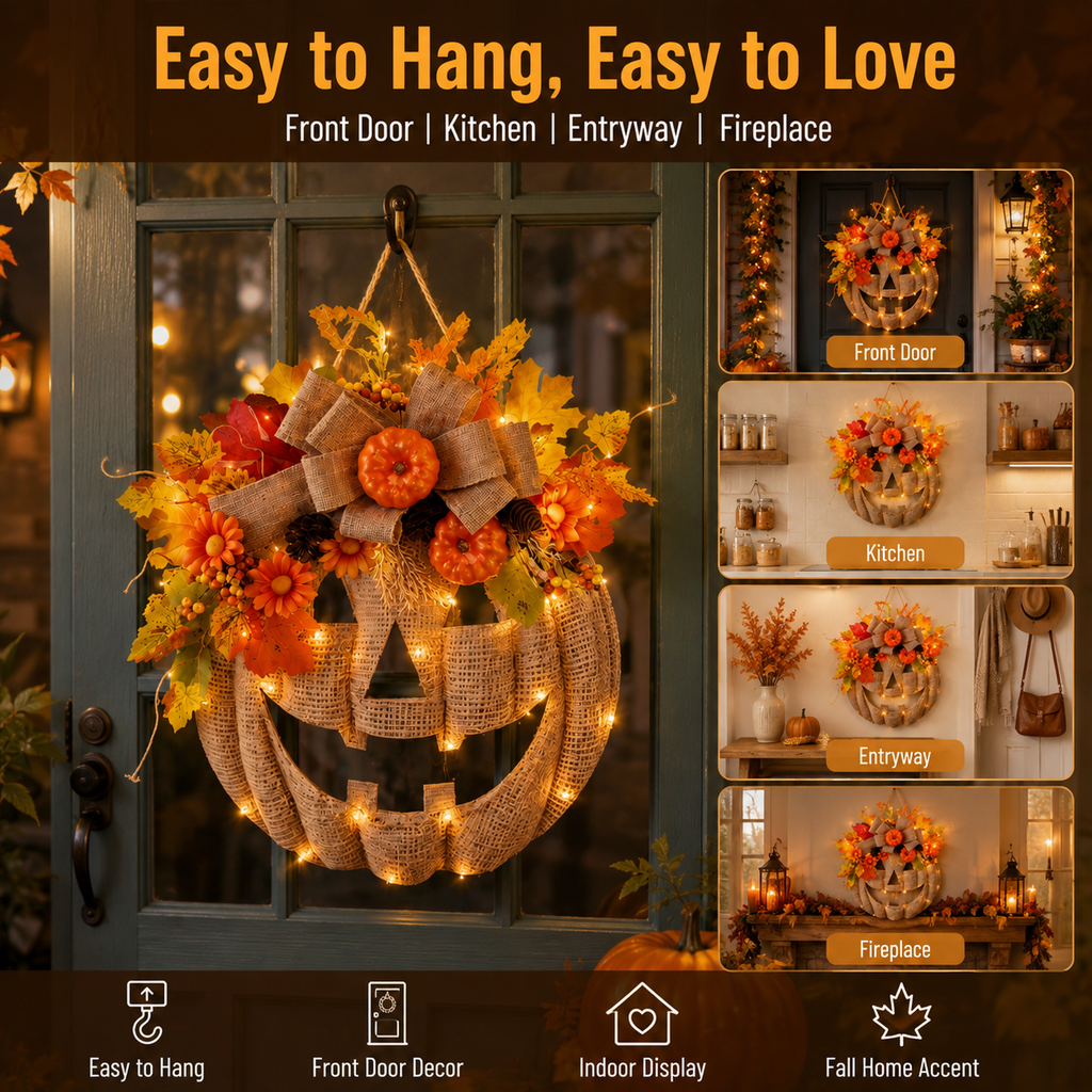 Lighted Burlap Pumpkin Wreath with Remote Control 🎃✨ Cozy Fall Door Decor with 8 Light Modes & Warm LED Glow