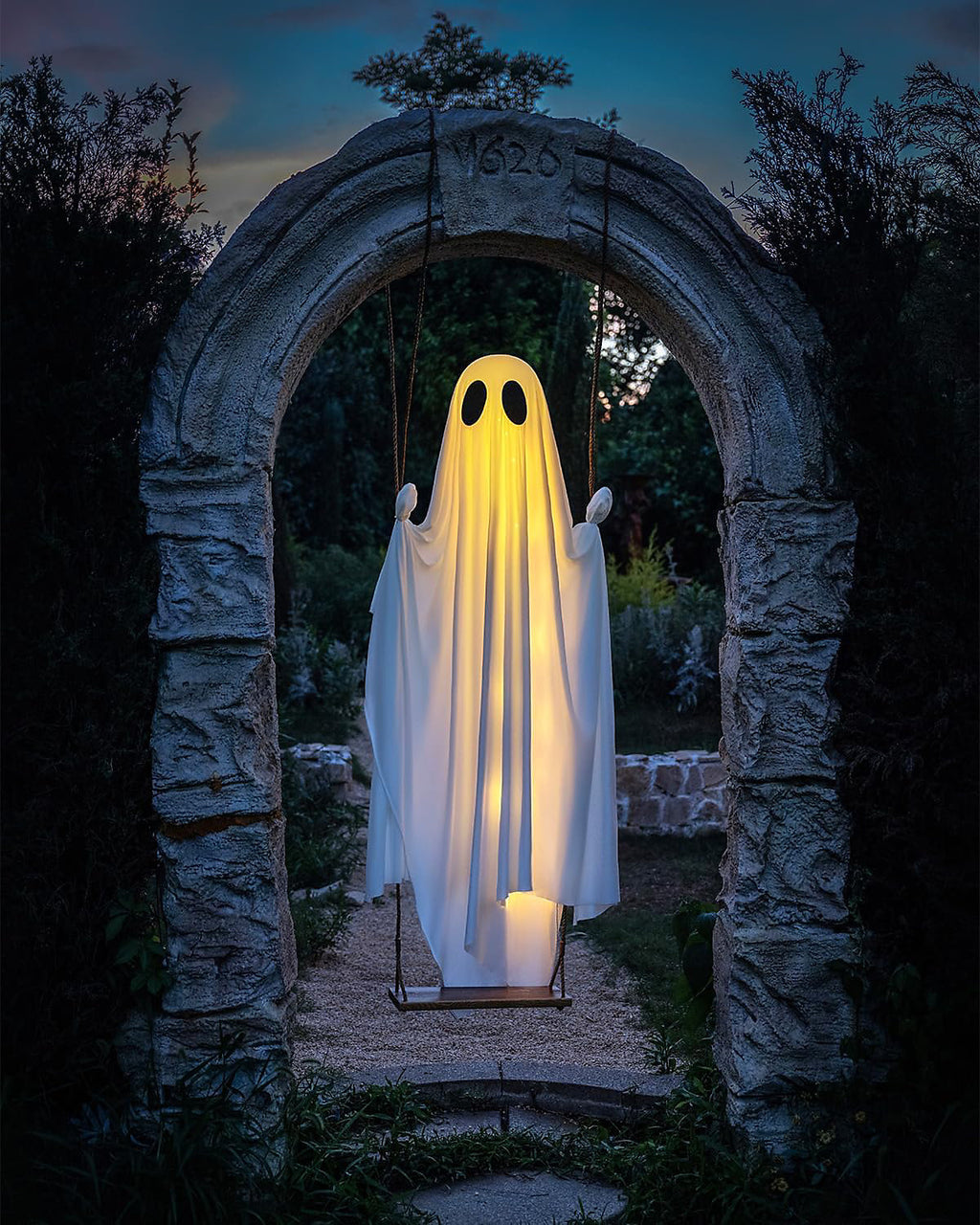 LinkCute 5FT Giant Hanging Swing Ghost Halloween Decoration with 8-Mode LED Lights & Adjustable Rope for Outdoor Porch & Garden