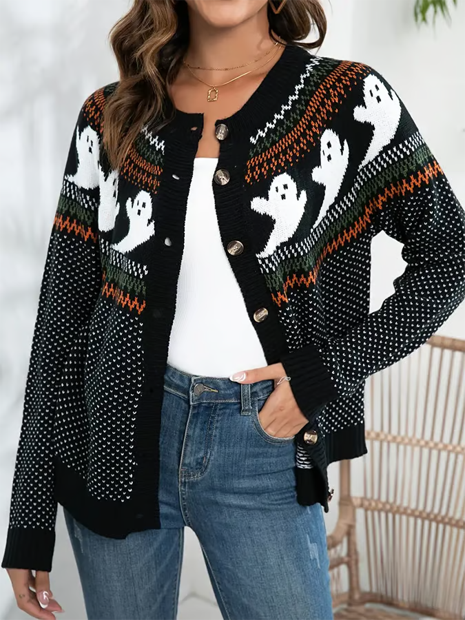 Women's Halloween Ghost Pattern Button Up Vintage Crew Neck Cardigan Sweater