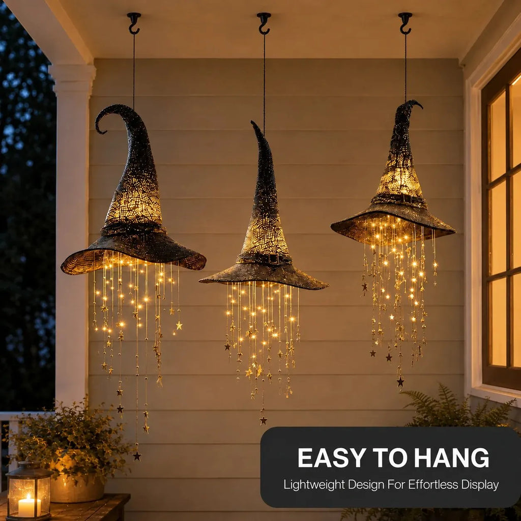 Lighted Witch Hat Hanging Star Chime — Halloween LED Decor