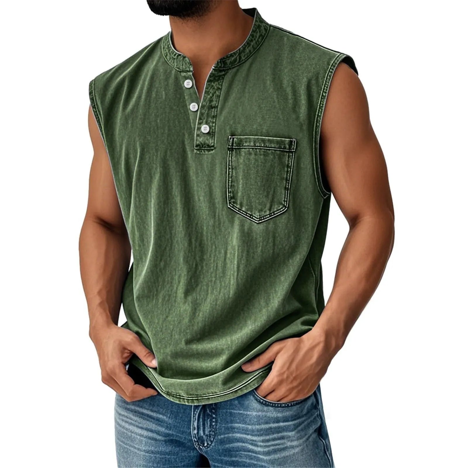 Men Stand Collar Henley Sleeveless Tank Top