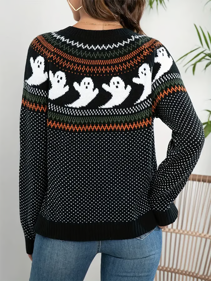 Women's Halloween Ghost Pattern Button Up Vintage Crew Neck Cardigan Sweater