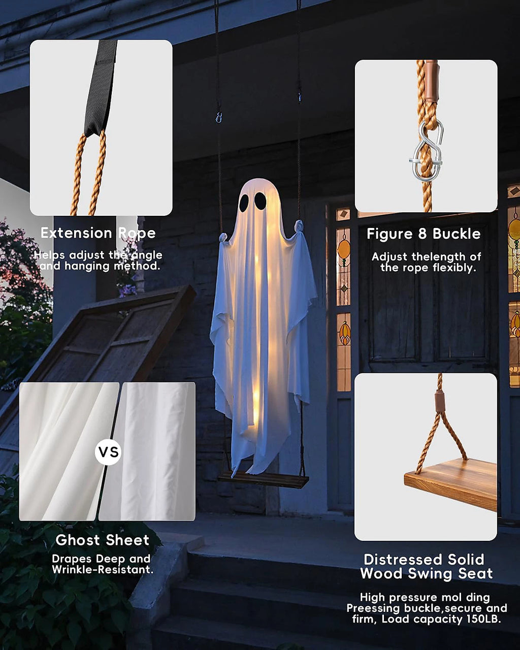 LinkCute 5FT Giant Hanging Swing Ghost Halloween Decoration with 8-Mode LED Lights & Adjustable Rope for Outdoor Porch & Garden
