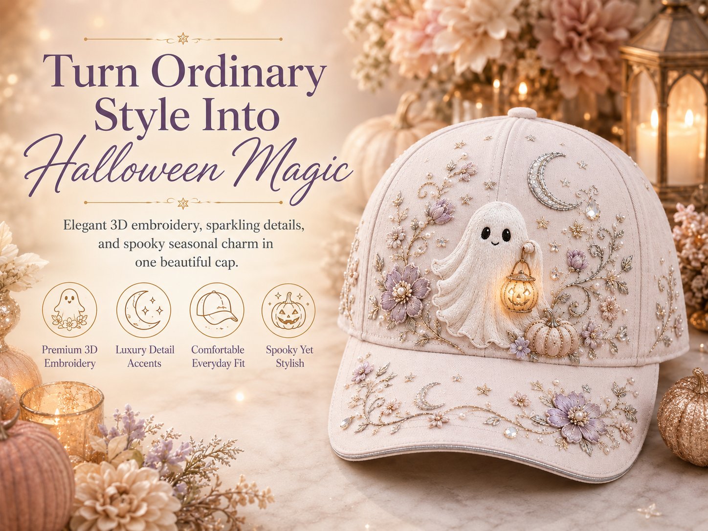 👻✨3D Halloween Embroidery Cap | Spooky Cute Adjustable Hat for Fall Outfits, Daily Styling & Halloween Parties