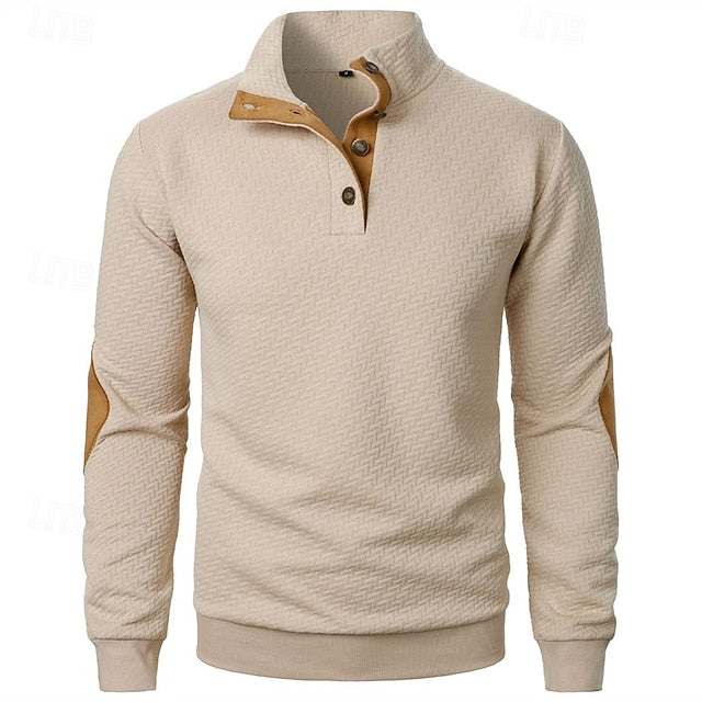 Men's Sweatshirt Black Wine Navy Blue Khaki Dark Gray Standing Collar Color Block Jacquard Patchwork Sports & Outdoor Daily Holiday Textured Streetwear Basic Casual Spring &  Fall Clothing Apparel
