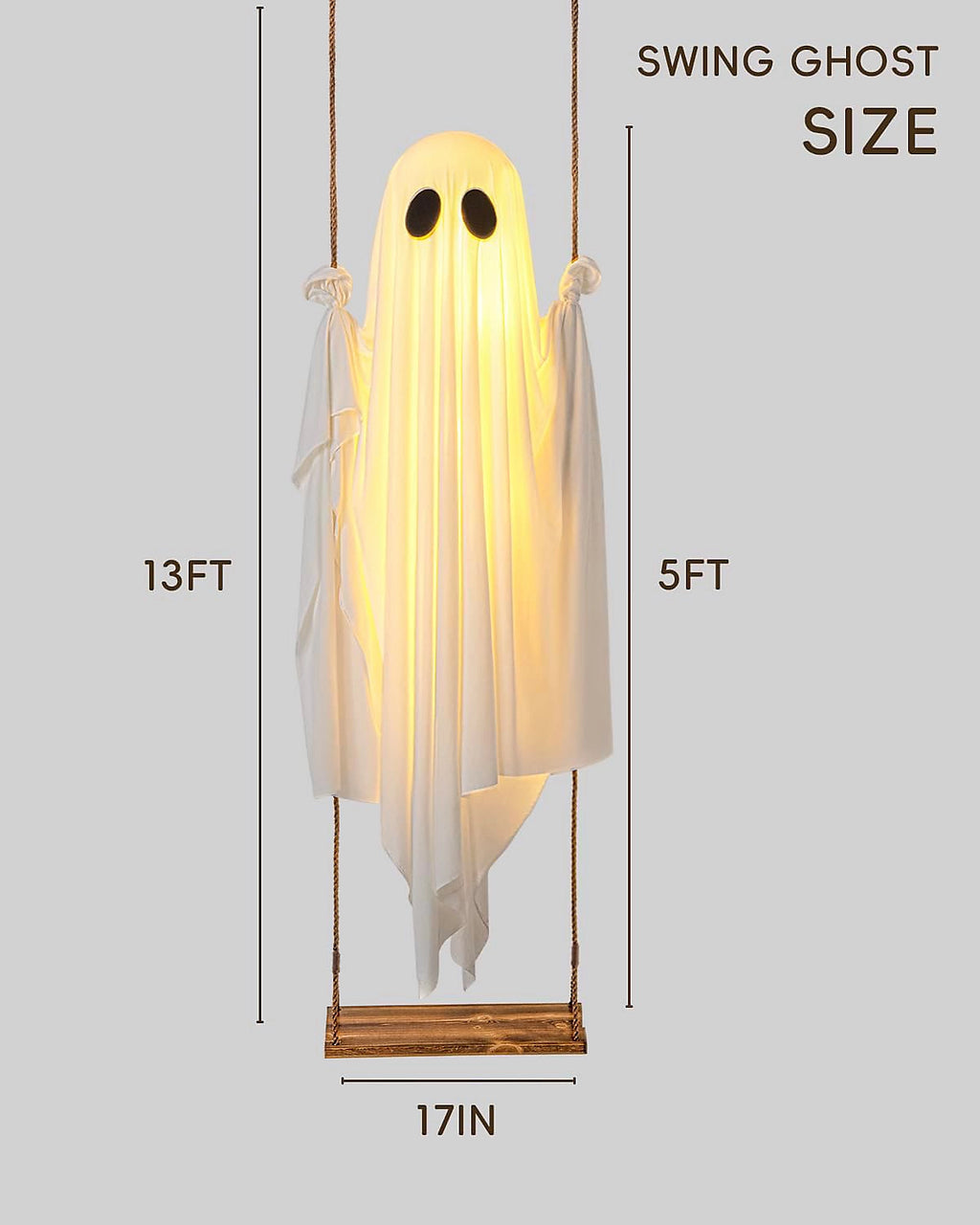 LinkCute 5FT Giant Hanging Swing Ghost Halloween Decoration with 8-Mode LED Lights & Adjustable Rope for Outdoor Porch & Garden