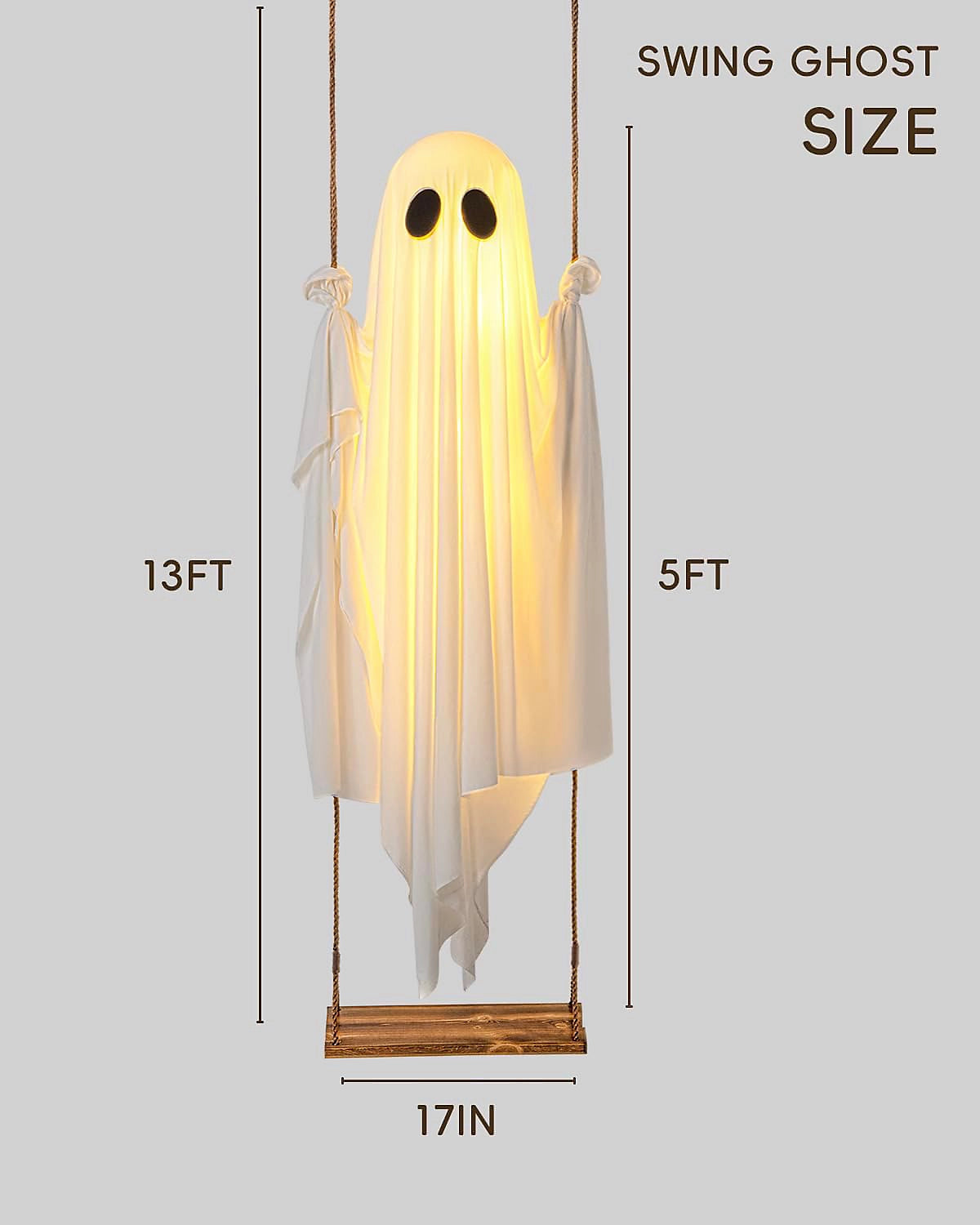 LinkCute 5FT Giant Hanging Swing Ghost Halloween Decoration with 8-Mode LED Lights & Adjustable Rope for Outdoor Porch & Garden