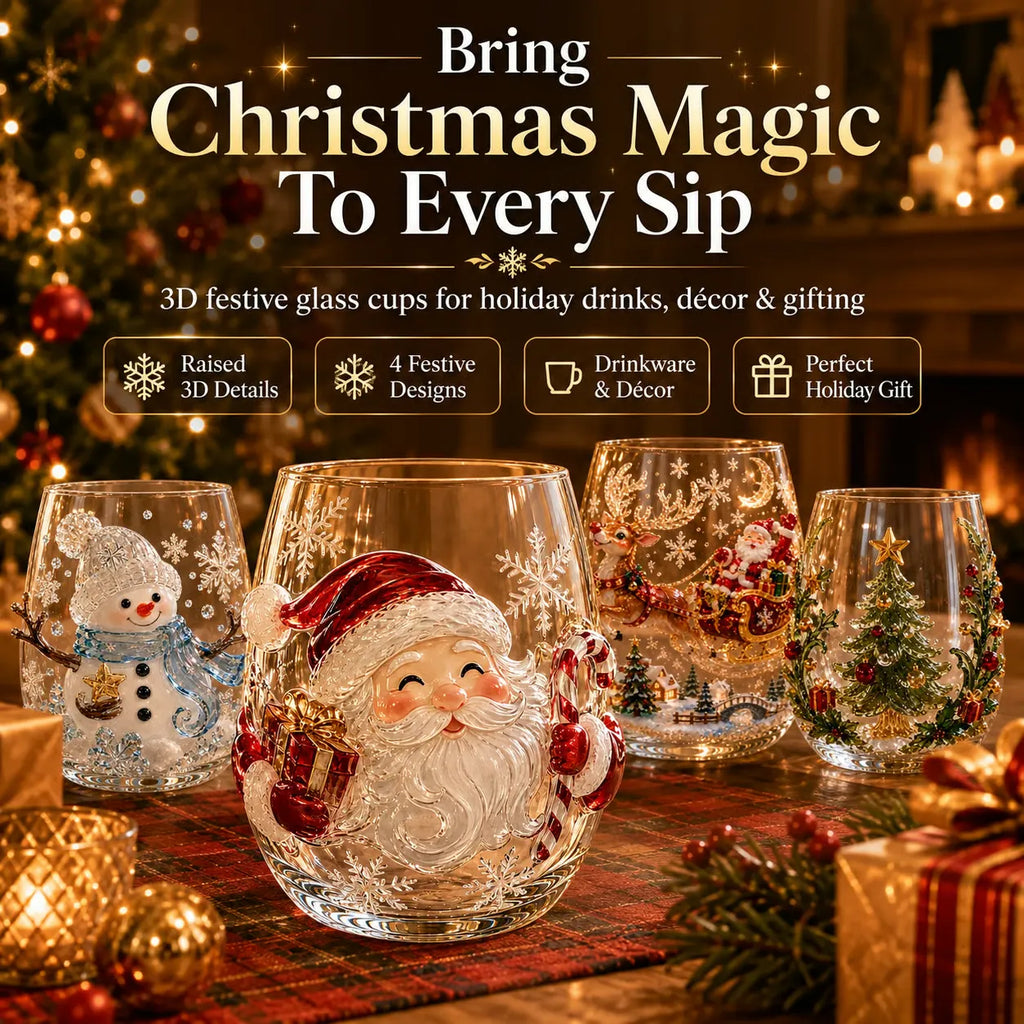 BUY 3 GET 1 FREE🎁 Magical Christmas 3D Glass Cup Collection – Santa, Reindeer, Snowman & Christmas Tree