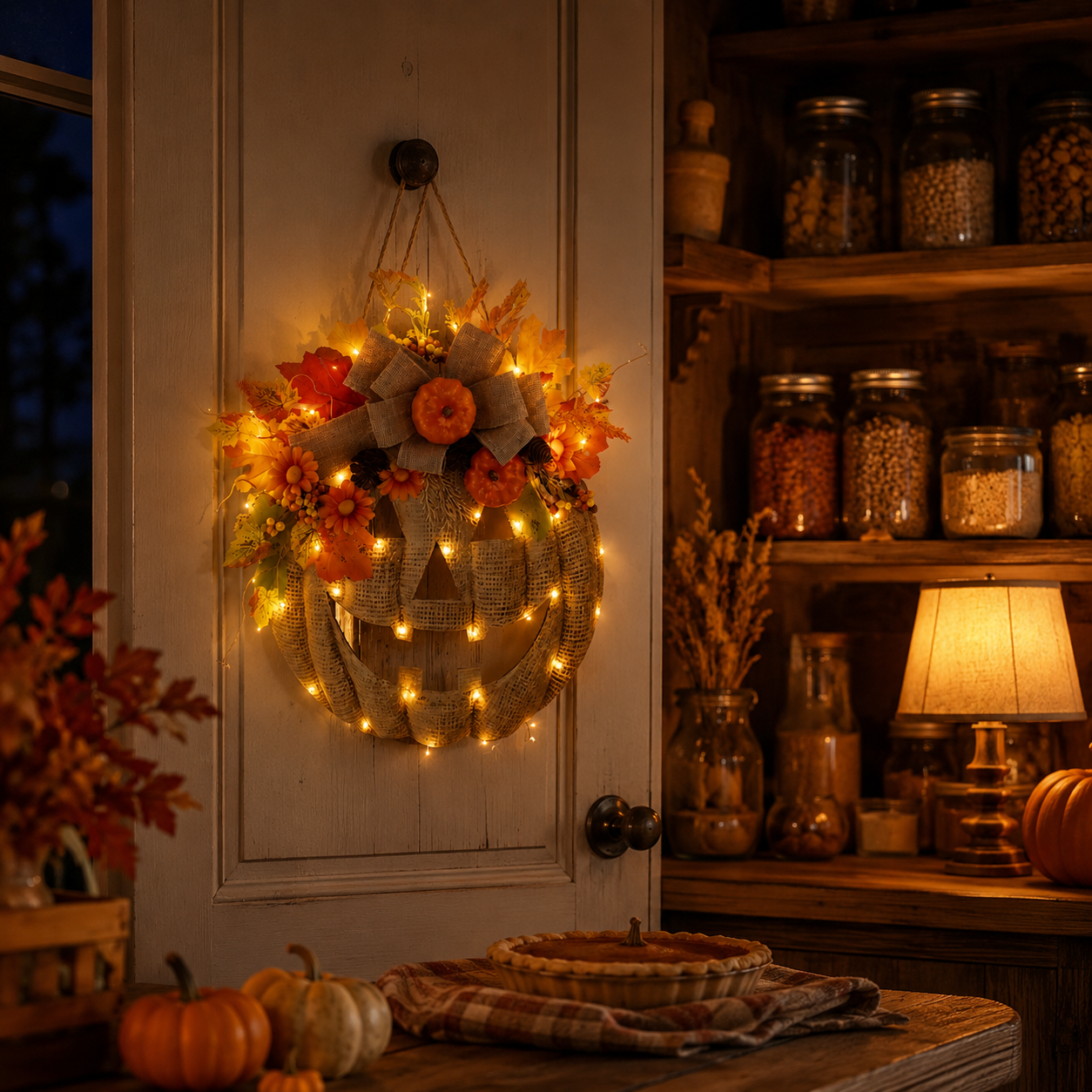 Lighted Burlap Pumpkin Wreath with Remote Control 🎃✨ Cozy Fall Door Decor with 8 Light Modes & Warm LED Glow