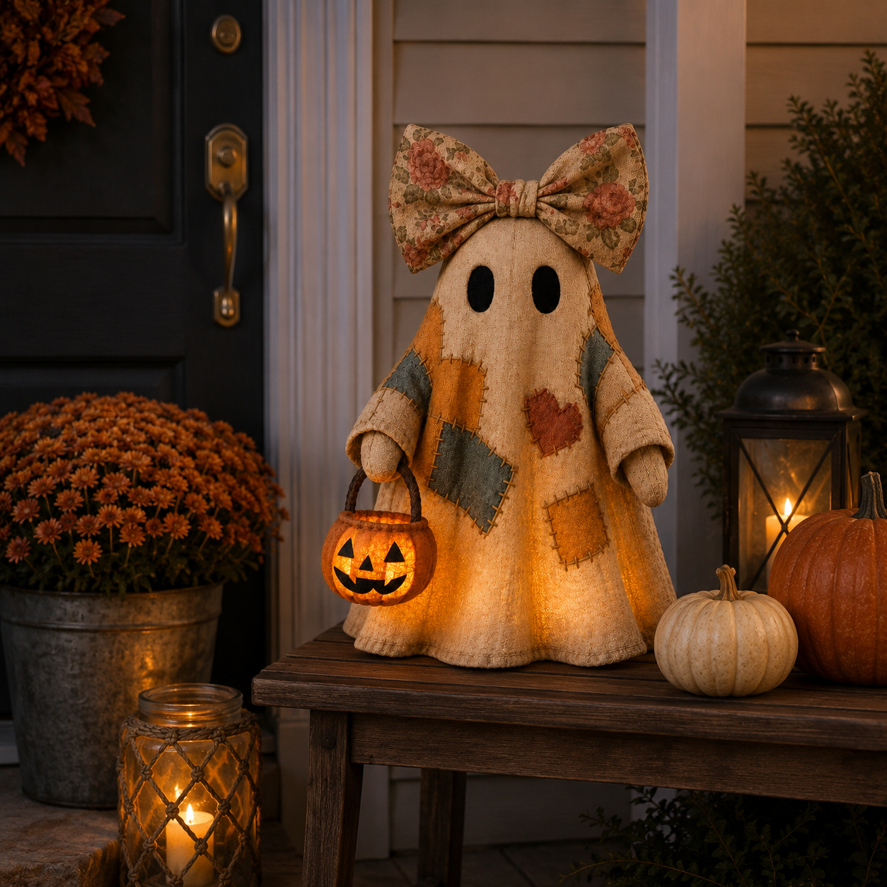 🔥 FLASH SALE - 👻🎃 Light-Up Patchwork Ghost with LED Jack-o'-Lantern Basket