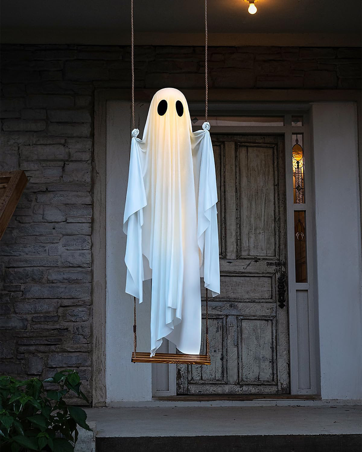 LinkCute 5FT Giant Hanging Swing Ghost Halloween Decoration with 8-Mode LED Lights & Adjustable Rope for Outdoor Porch & Garden