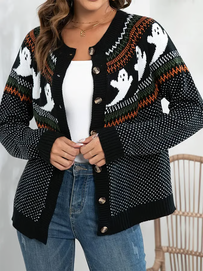Women's Halloween Ghost Pattern Button Up Vintage Crew Neck Cardigan Sweater