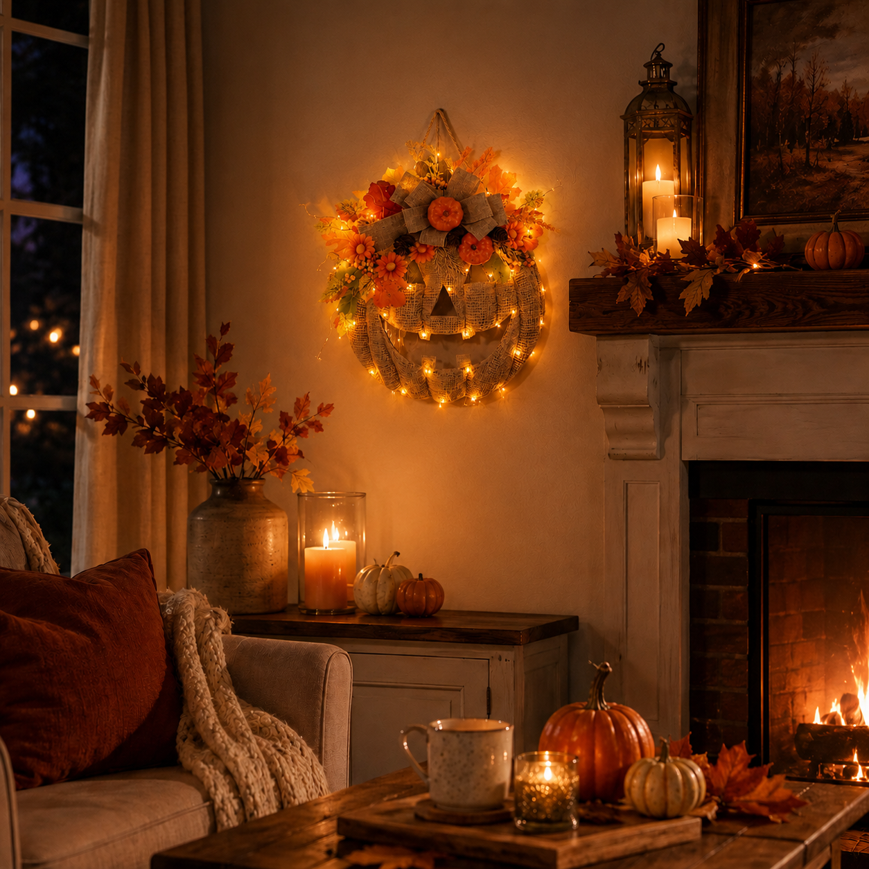 Lighted Burlap Pumpkin Wreath with Remote Control 🎃✨ Cozy Fall Door Decor with 8 Light Modes & Warm LED Glow