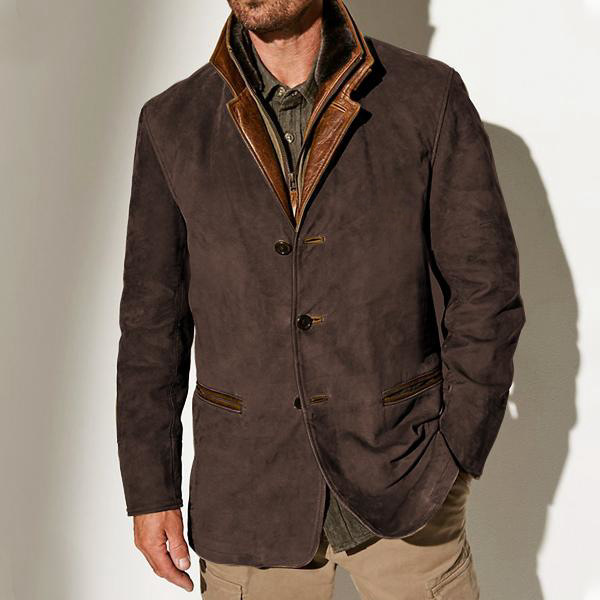 Men's Western Jackets Fleece Vintage Suede Leather Jacket 1/4 Zipper Button Winter Coat Casual Retro Outerwear
