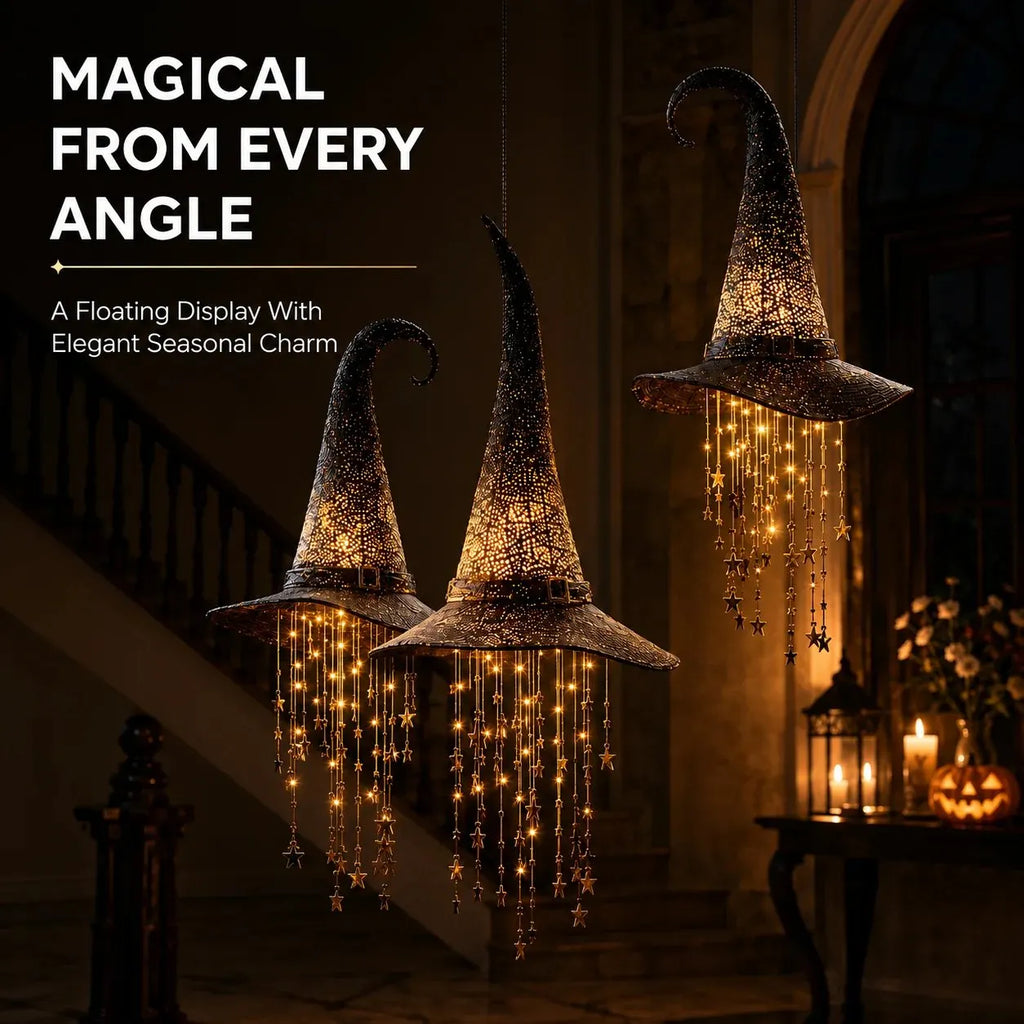 Lighted Witch Hat Hanging Star Chime — Halloween LED Decor