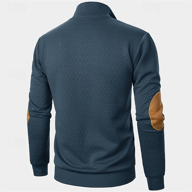 Men's Sweatshirt Black Wine Navy Blue Khaki Dark Gray Standing Collar Color Block Jacquard Patchwork Sports & Outdoor Daily Holiday Textured Streetwear Basic Casual Spring &  Fall Clothing Apparel