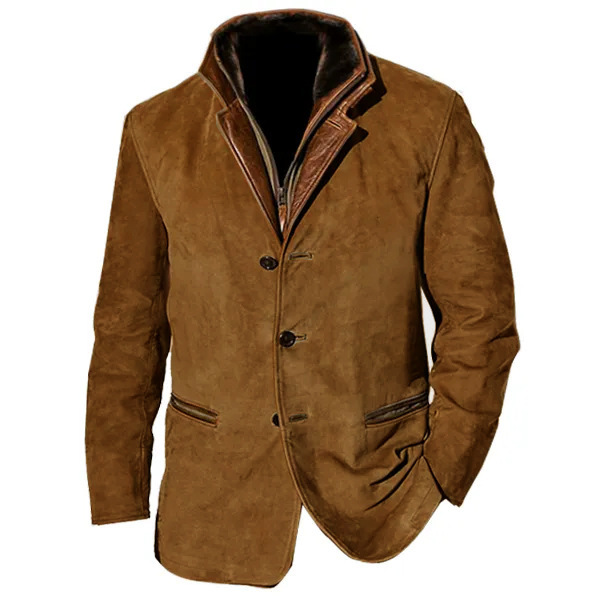 Men's Western Jackets Fleece Vintage Suede Leather Jacket 1/4 Zipper Button Winter Coat Casual Retro Outerwear