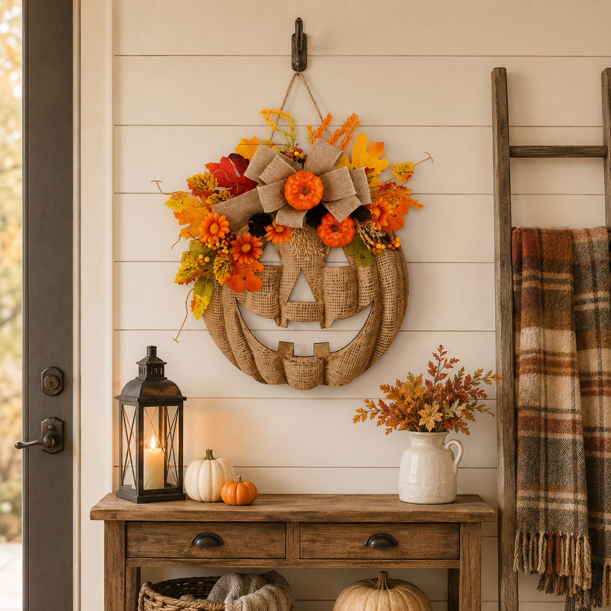 Lighted Burlap Pumpkin Wreath with Remote Control 🎃✨ Cozy Fall Door Decor with 8 Light Modes & Warm LED Glow