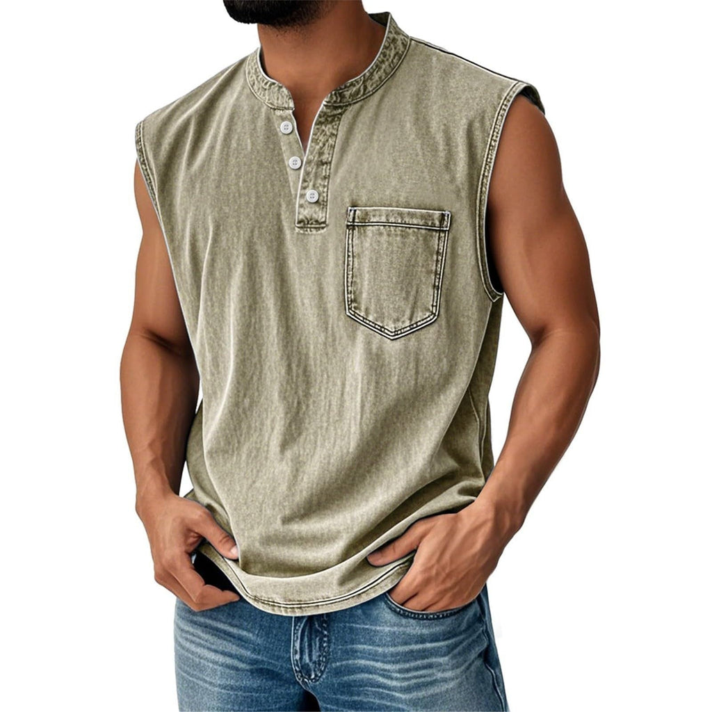 Men Stand Collar Henley Sleeveless Tank Top