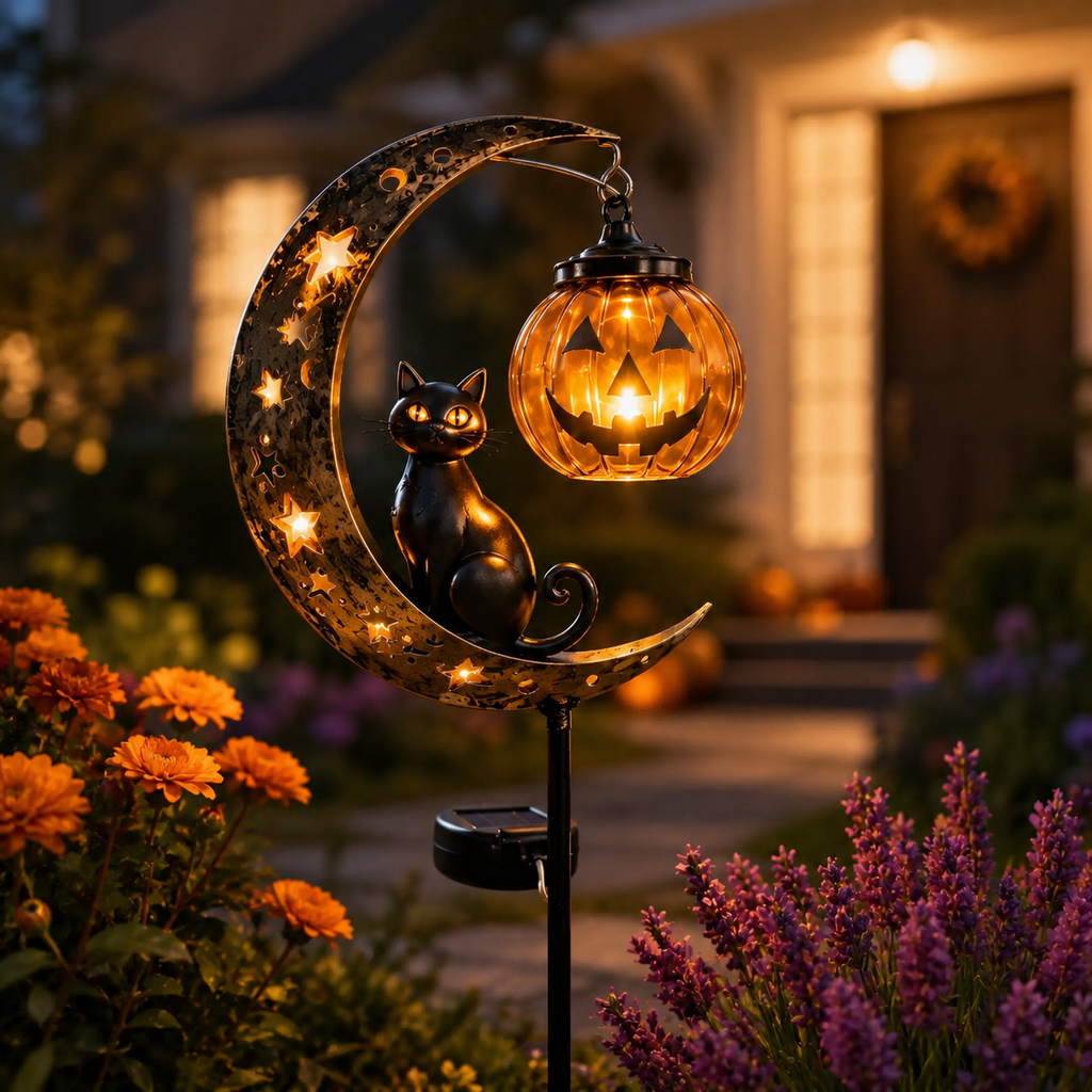 🎃 Solar Black Cat & Pumpkin Moon Garden Stake Light 🐈‍⬛– Magical Halloween Yard Décor