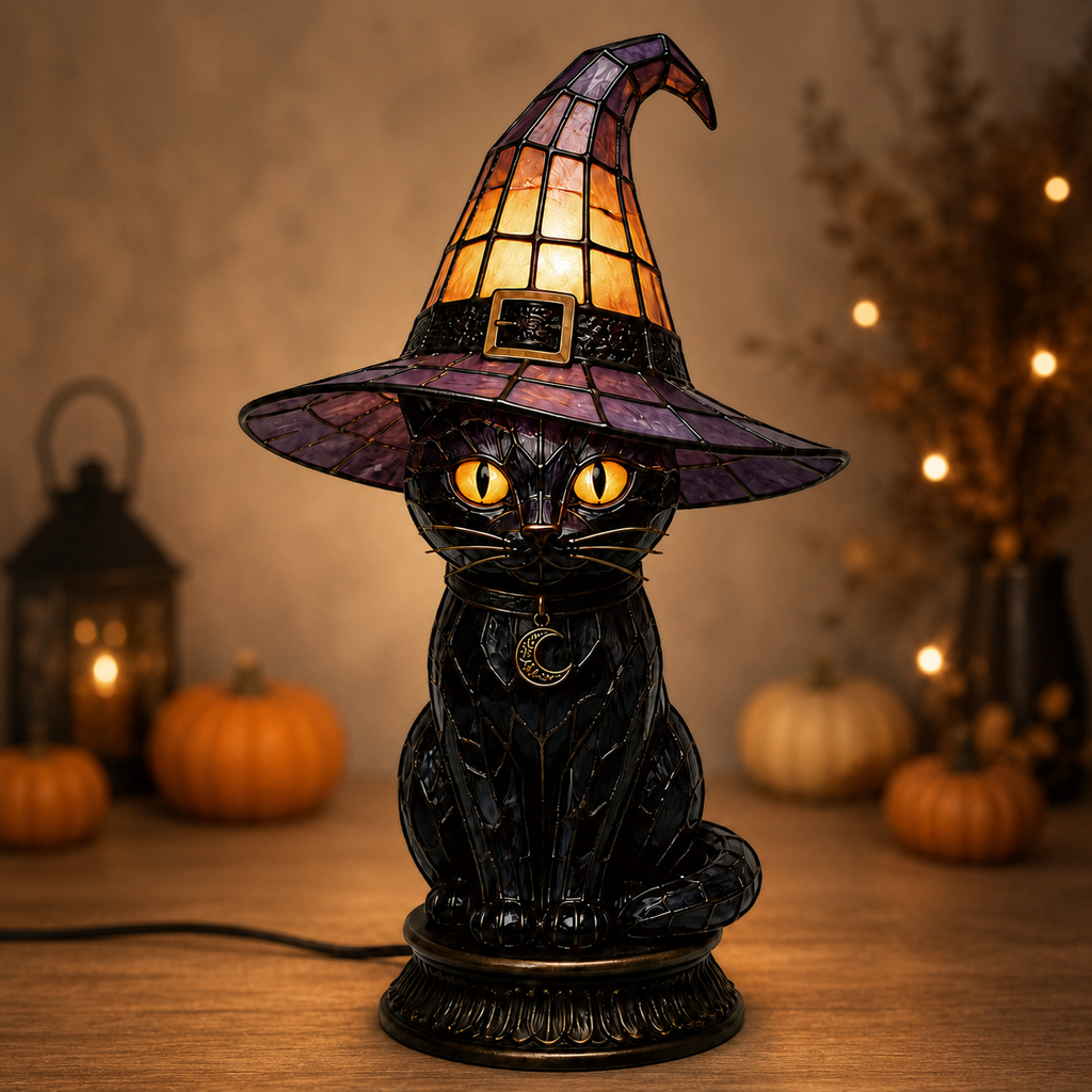 🔥Exclusive Limited Item 👍🔥49%OFF🐈 Gothic Stained Glass Witch Black Cat Table Lamp | Halloween Witch Hat Night Light Decor