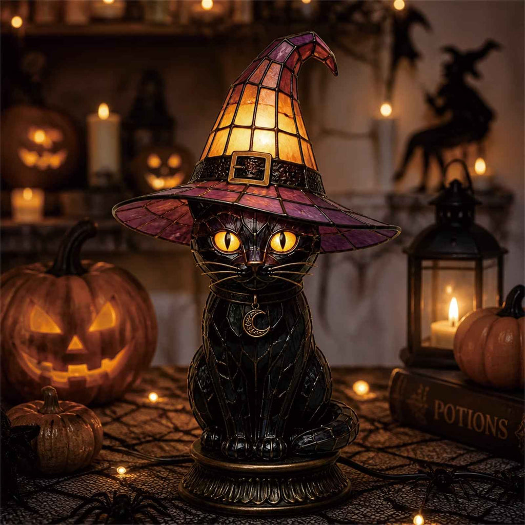 🔥Exclusive Limited Item 👍🔥49%OFF🐈 Gothic Stained Glass Witch Black Cat Table Lamp | Halloween Witch Hat Night Light Decor