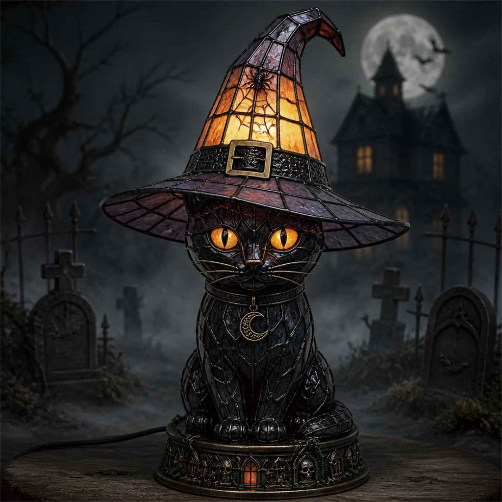 🔥Exclusive Limited Item 👍🔥49%OFF🐈 Gothic Stained Glass Witch Black Cat Table Lamp | Halloween Witch Hat Night Light Decor