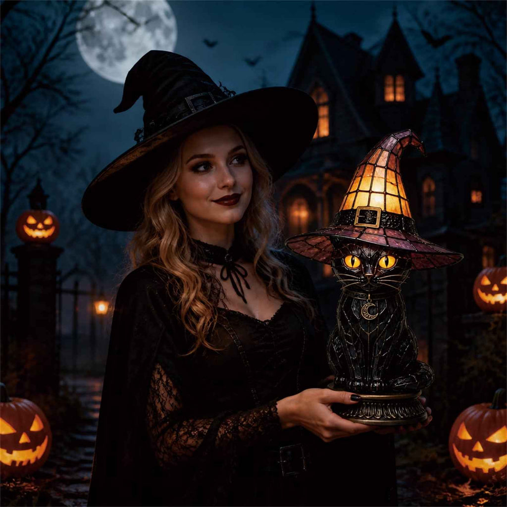🔥Exclusive Limited Item 👍🔥49%OFF🐈 Gothic Stained Glass Witch Black Cat Table Lamp | Halloween Witch Hat Night Light Decor
