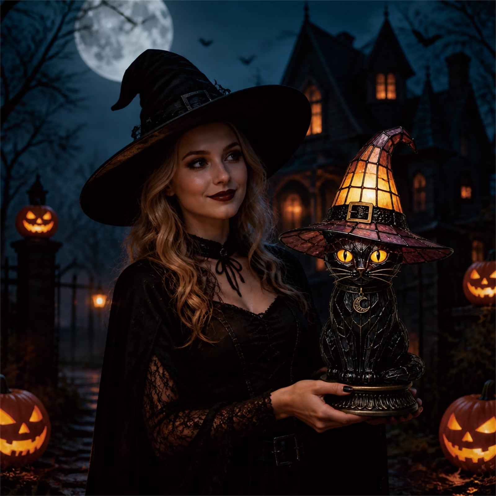 🔥Exclusive Limited Item 👍🔥49%OFF🐈 Gothic Stained Glass Witch Black Cat Table Lamp | Halloween Witch Hat Night Light Decor