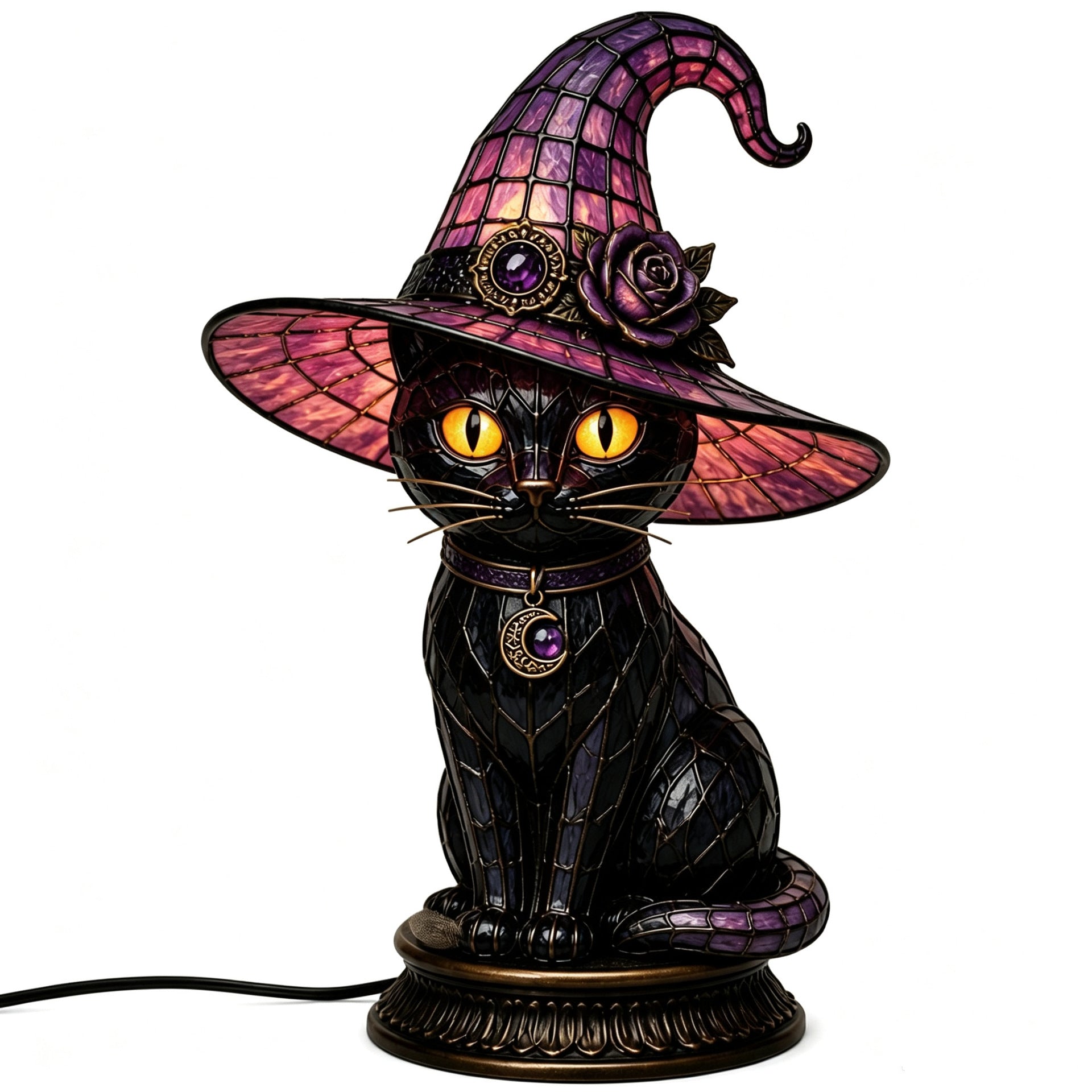 🔥Exclusive Limited Item 👍🔥49%OFF🐈 Gothic Stained Glass Witch Black Cat Table Lamp | Halloween Witch Hat Night Light Decor