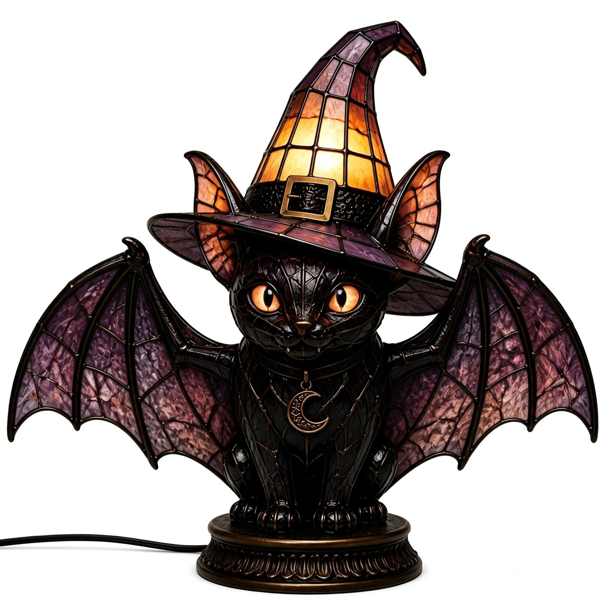 🔥Exclusive Limited Item 👍🔥49%OFF🐈 Gothic Stained Glass Witch Black Cat Table Lamp | Halloween Witch Hat Night Light Decor