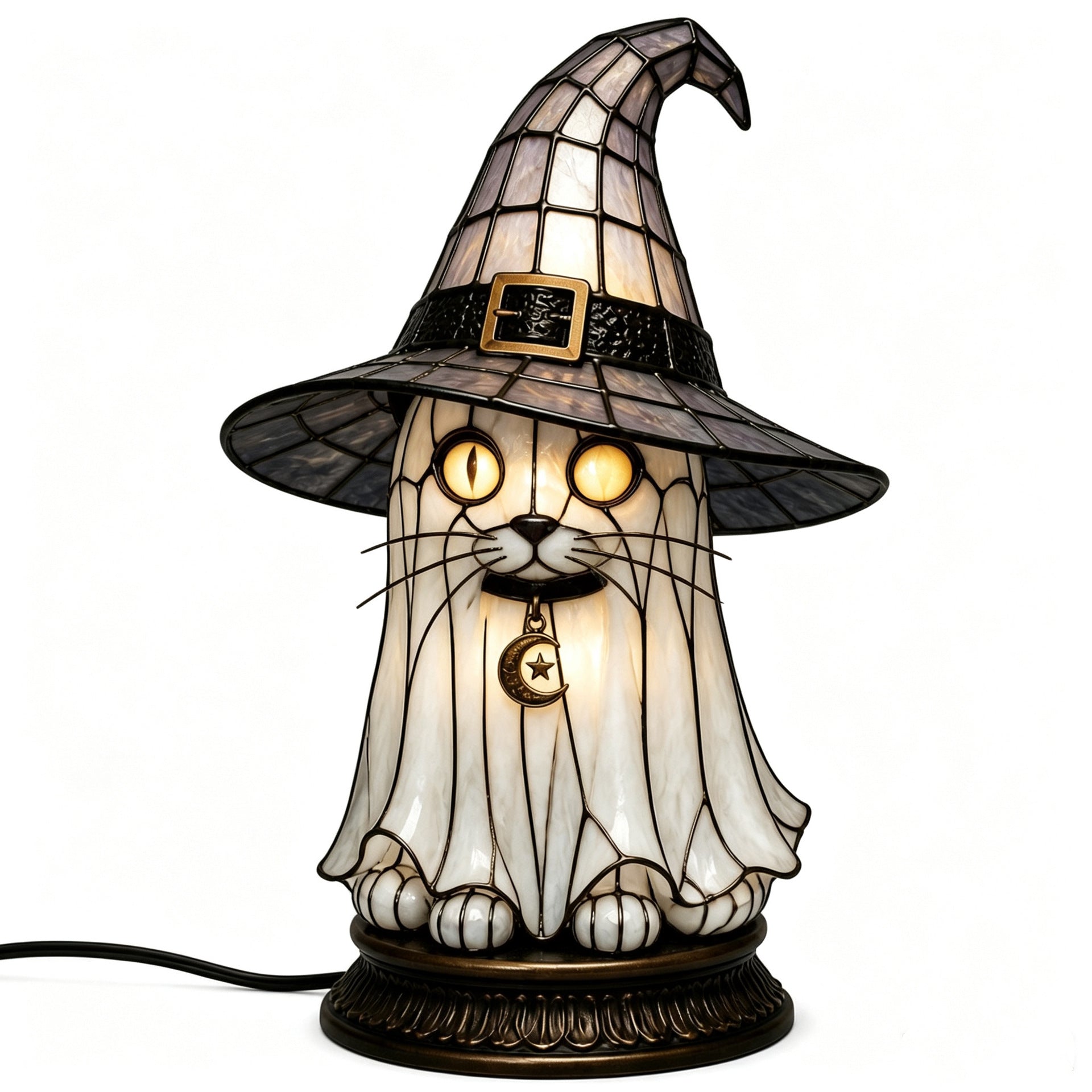 🔥Exclusive Limited Item 👍🔥49%OFF🐈 Gothic Stained Glass Witch Black Cat Table Lamp | Halloween Witch Hat Night Light Decor