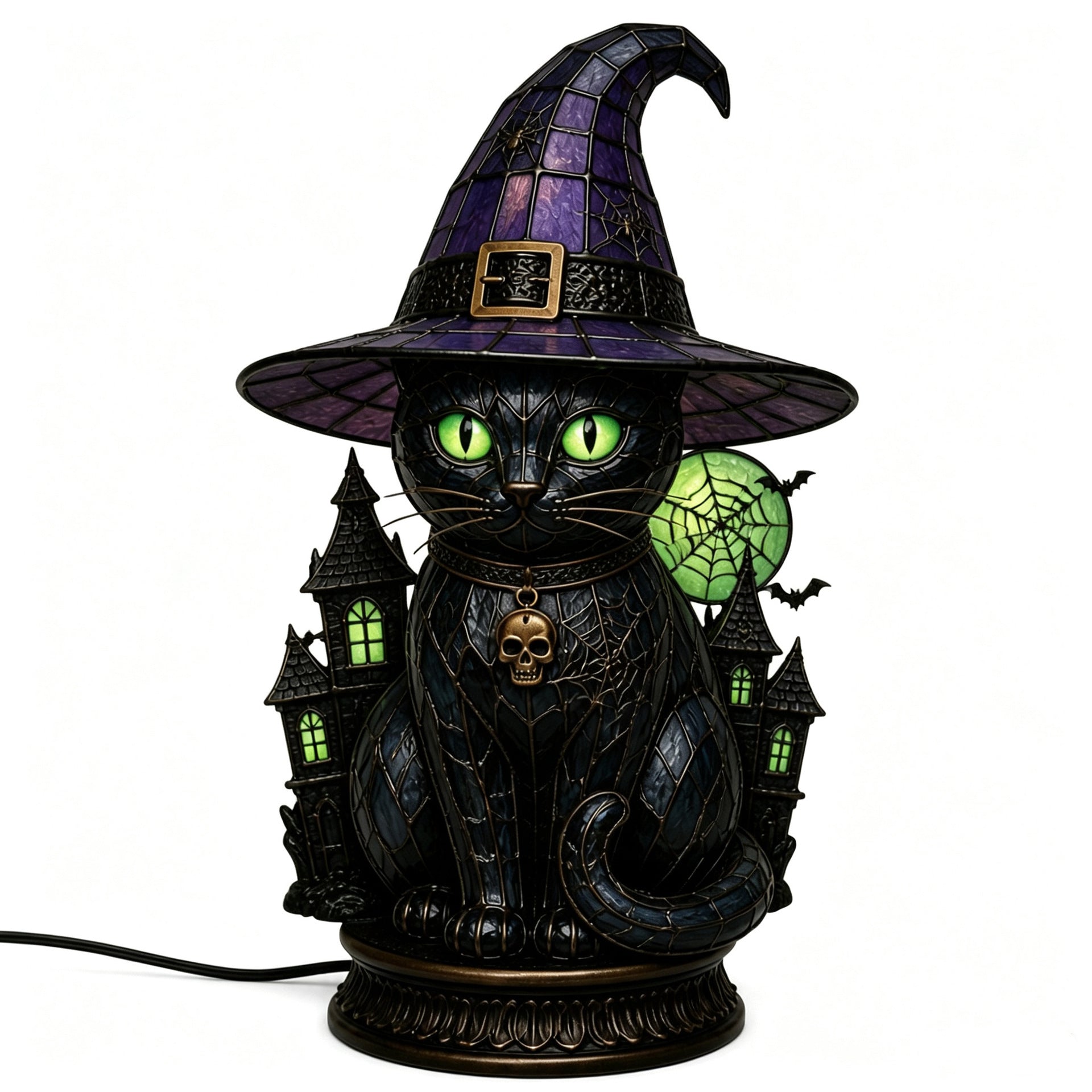 🔥Exclusive Limited Item 👍🔥49%OFF🐈 Gothic Stained Glass Witch Black Cat Table Lamp | Halloween Witch Hat Night Light Decor