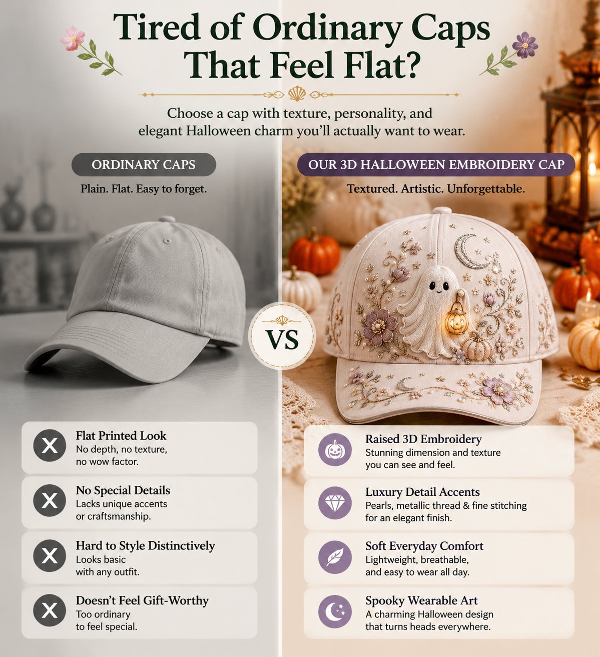 👻✨3D Halloween Embroidery Cap | Spooky Cute Adjustable Hat for Fall Outfits, Daily Styling & Halloween Parties