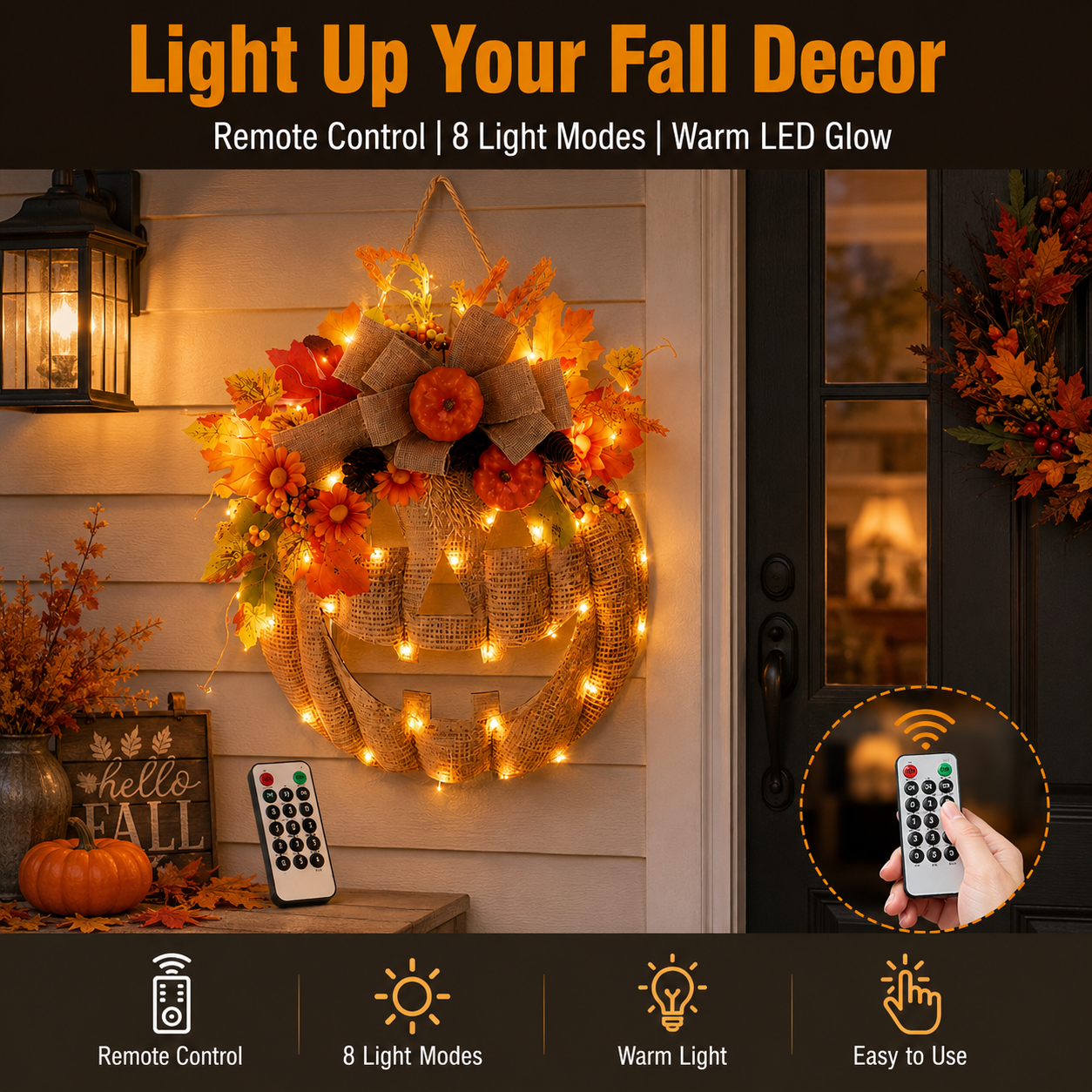 Lighted Burlap Pumpkin Wreath with Remote Control 🎃✨ Cozy Fall Door Decor with 8 Light Modes & Warm LED Glow