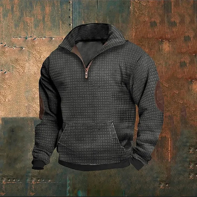 Men's Waffle Sweatshirt Sweatshirt Quarter Zip Sweatshirt Black Navy Blue Khaki Light Grey Gray Half Zip Color Block Patchwork Front Pocket Sports & Outdoor Daily Holiday Streetwear Basic Casual