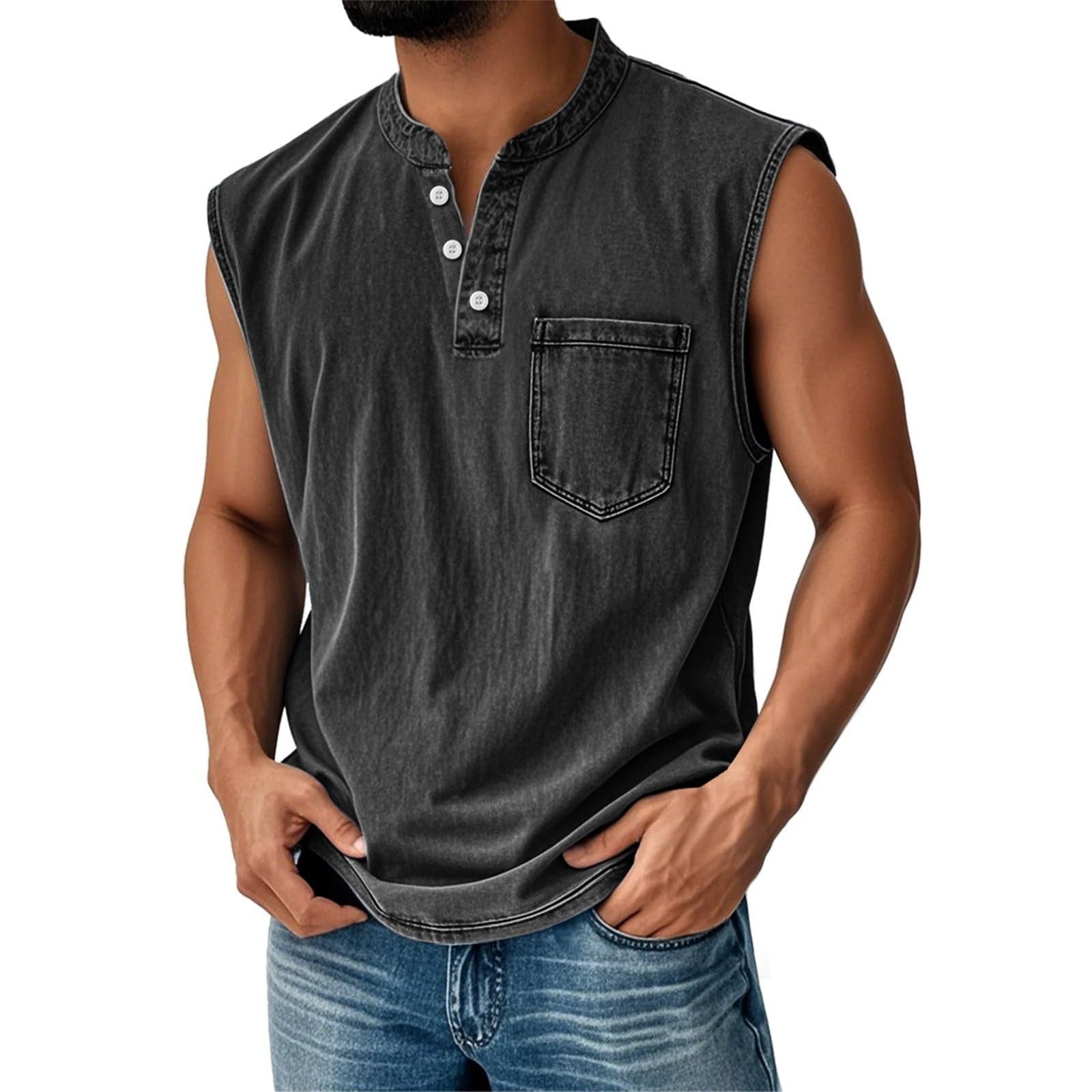 Men Stand Collar Henley Sleeveless Tank Top
