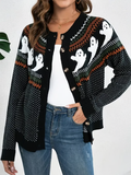Women's Halloween Ghost Pattern Button Up Vintage Crew Neck Cardigan Sweater