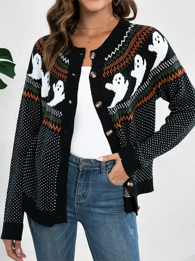 Women's Halloween Ghost Pattern Button Up Vintage Crew Neck Cardigan Sweater