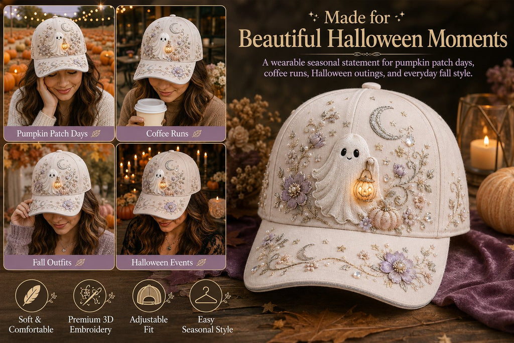 👻✨3D Halloween Embroidery Cap | Spooky Cute Adjustable Hat for Fall Outfits, Daily Styling & Halloween Parties